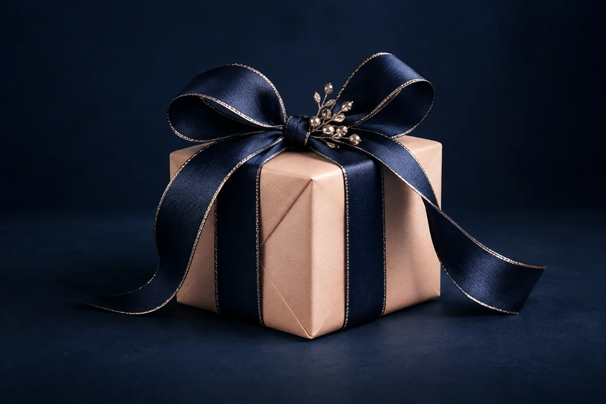 A beautifully wrapped gift with a deep blue ribbon